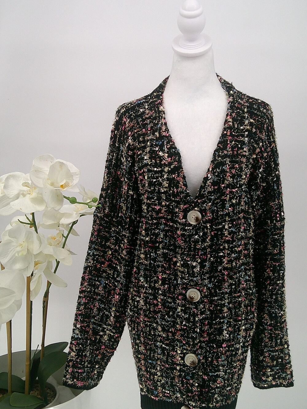 Favlux Fuzzy Sparkle Weave Thread Oversized Button Front Cardigan Sweater Large